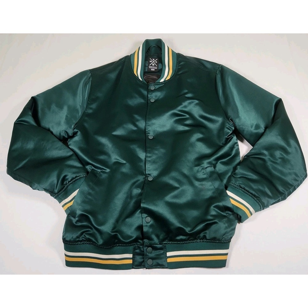 Northwestern Men's Green Satin Varsity Bomber Jacket Medium Snap Button Up